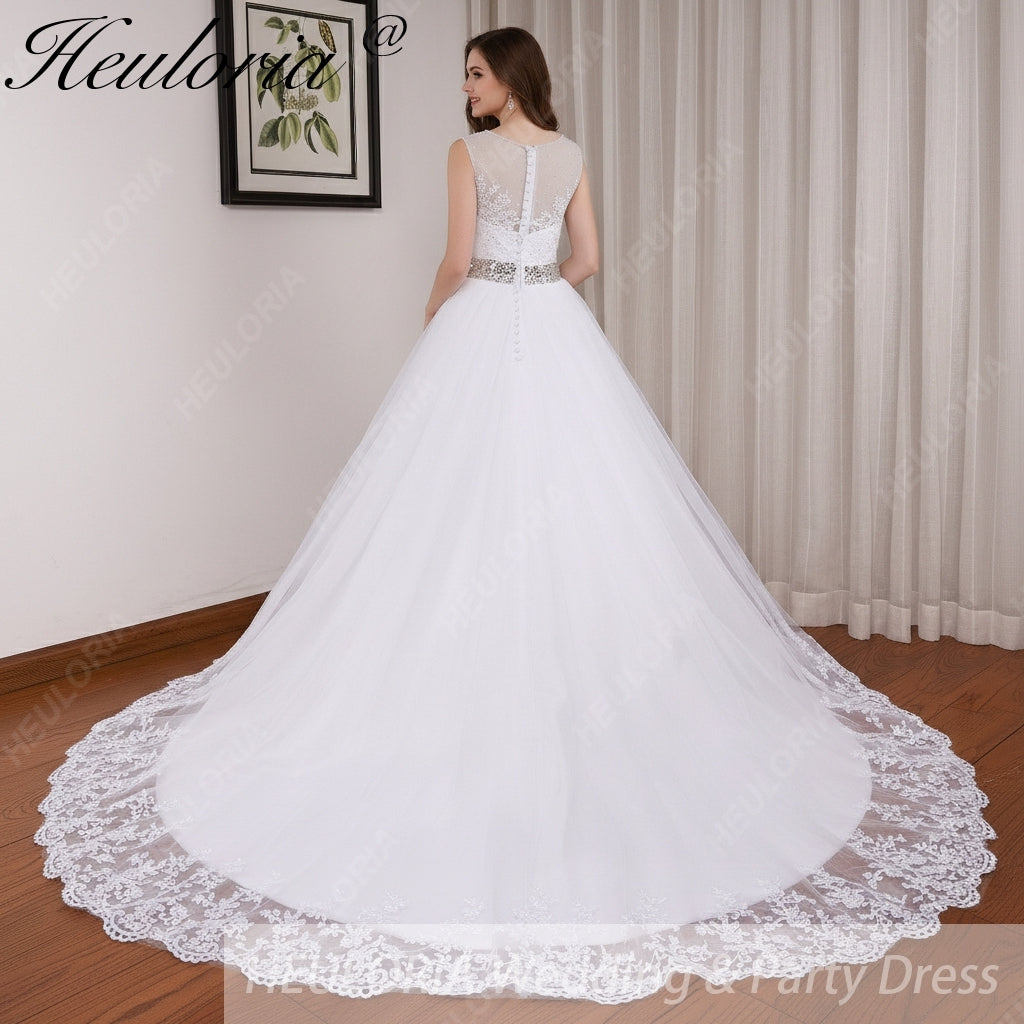 HEULORIA princess ball gown wedding dress o neck lace applique sequin belt beading bride dress court train BA-0117 Imagen secundaria del producto