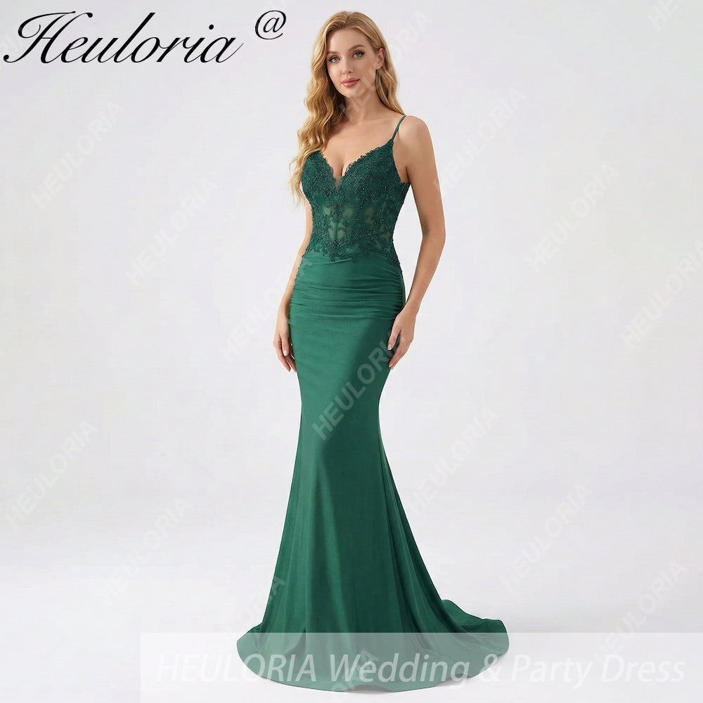 HEULORIA Emerald Green Lace Bodice Mermaid Evening Gown with Spaghetti Straps and Ruched Back formal dresses ED-218