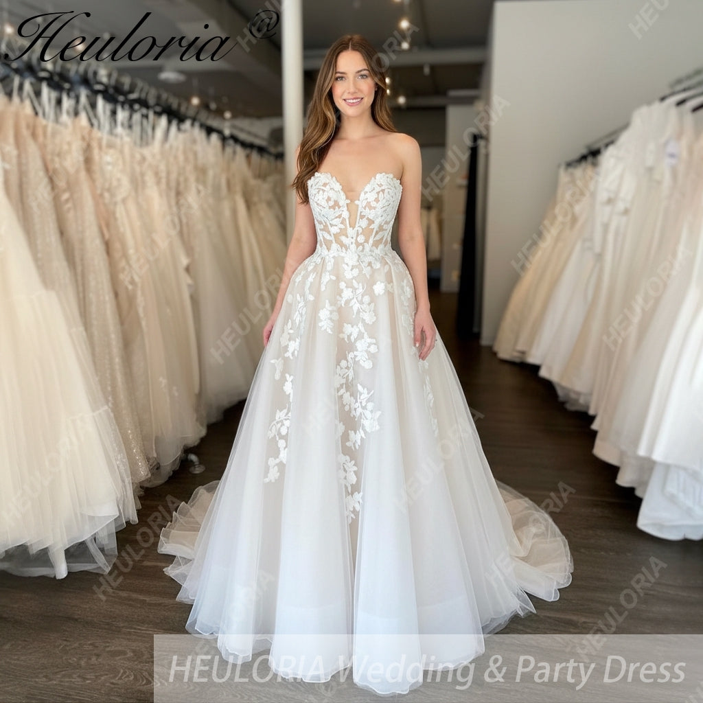 Elegant Boho A line Wedding Dress strapless lace applique bride dress robe de mariee A line Wedding Bridal Gown AL-679 Main image