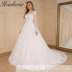 HEULORIA Princess Ball Gown Wedding Dress long sleeve bride dress O neck plus size robe de mariee Lace beading Bridal Gown BA-641