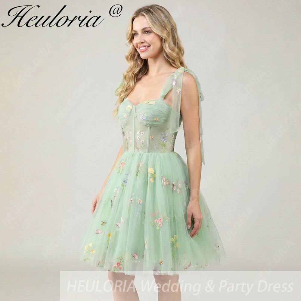 HEULORIA Floral Embroidered Tulle Mini Dress - Sweetheart Corset Bodice with Sheer Tie-Shoulder Straps ED-273