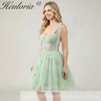 HEULORIA Floral Embroidered Tulle Mini Dress - Sweetheart Corset Bodice with Sheer Tie-Shoulder Straps ED-273