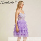 HEULORIA Lavender Tiered Tulle Mini Dress - Sequin Lace Appliqué V-Neck Cocktail Gown ED-294