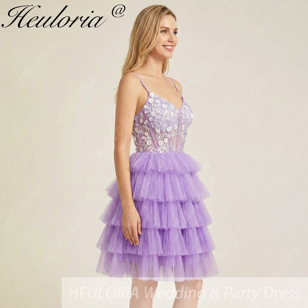 HEULORIA Lavender Tiered Tulle Mini Dress - Sequin Lace Appliqué V-Neck Cocktail Gown ED-294