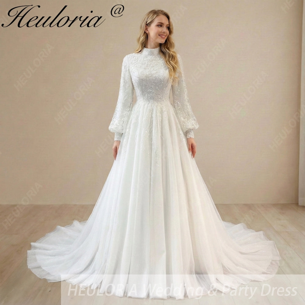 HEULORIA Elegant High-Neck Lace Wedding Dress with Romantic Bishop Sleeves and A-Line Train BA-1246