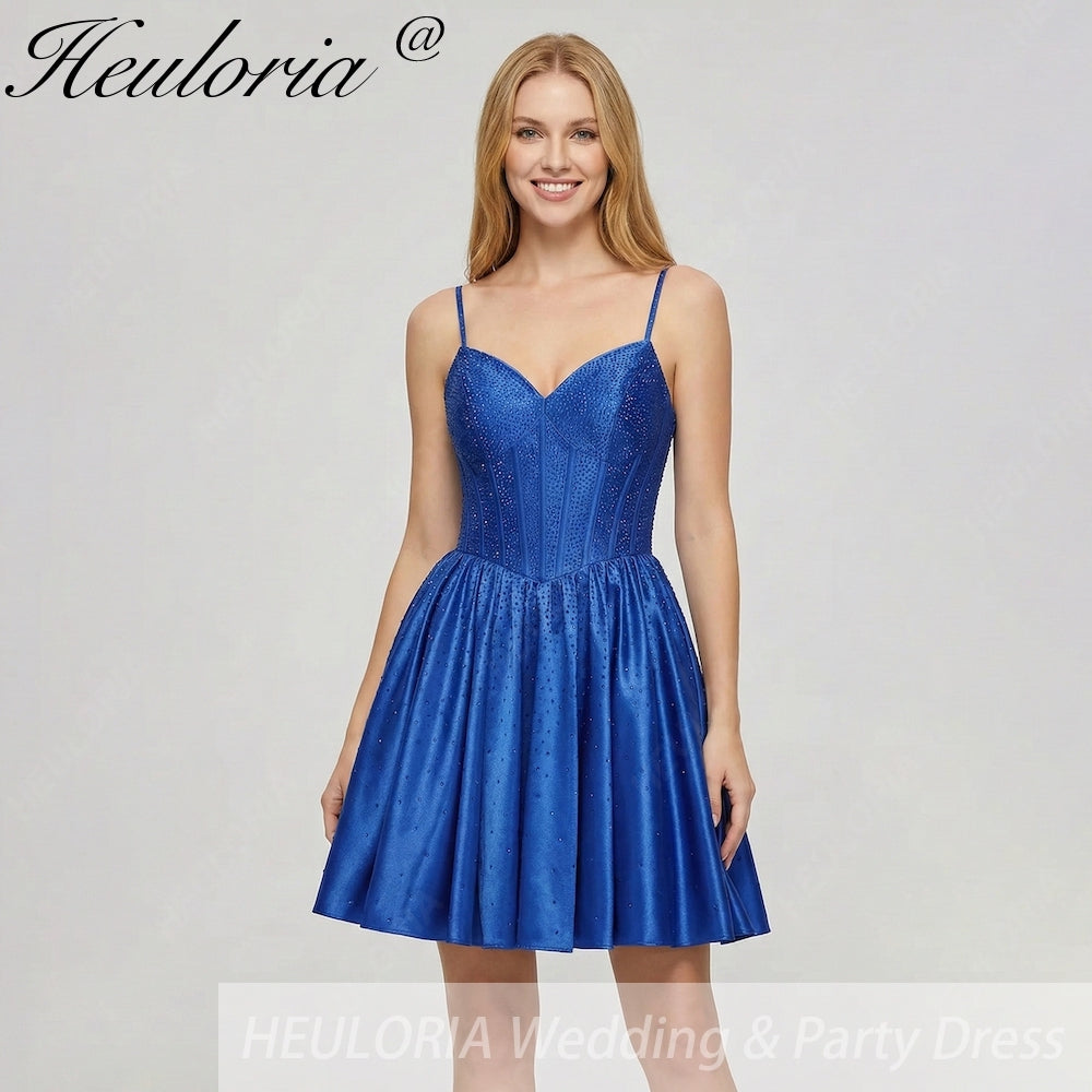 HEULORIA Sparkly Rhinestone Corset Satin Homecoming Dress - Sweetheart Neckline Spaghetti Strap Short Prom Gown ED-310