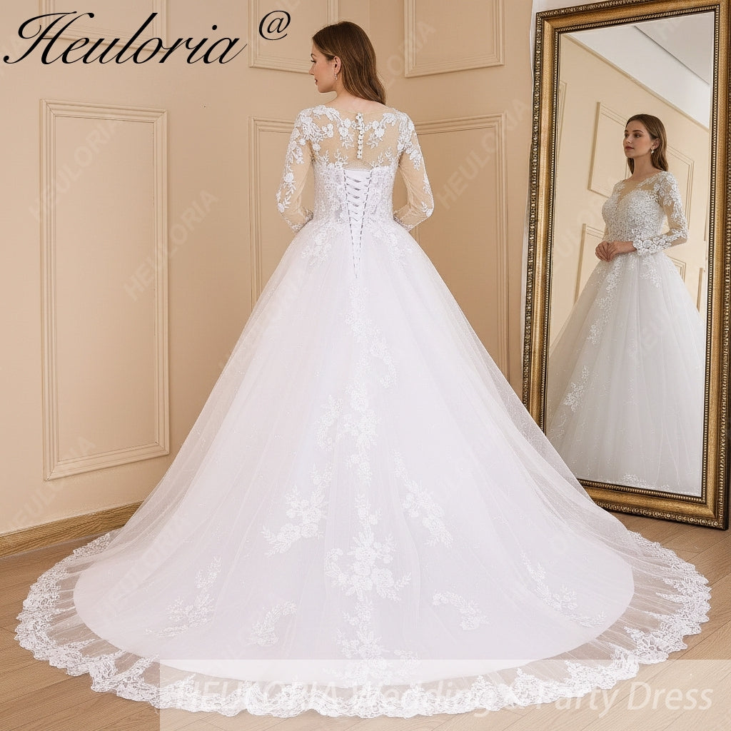 HEULORIA Princess Ball Gown Wedding Dress long sleeve bride dress o neck plus size robe de mariee Lace beading Wedding Bridal Gown BA-638