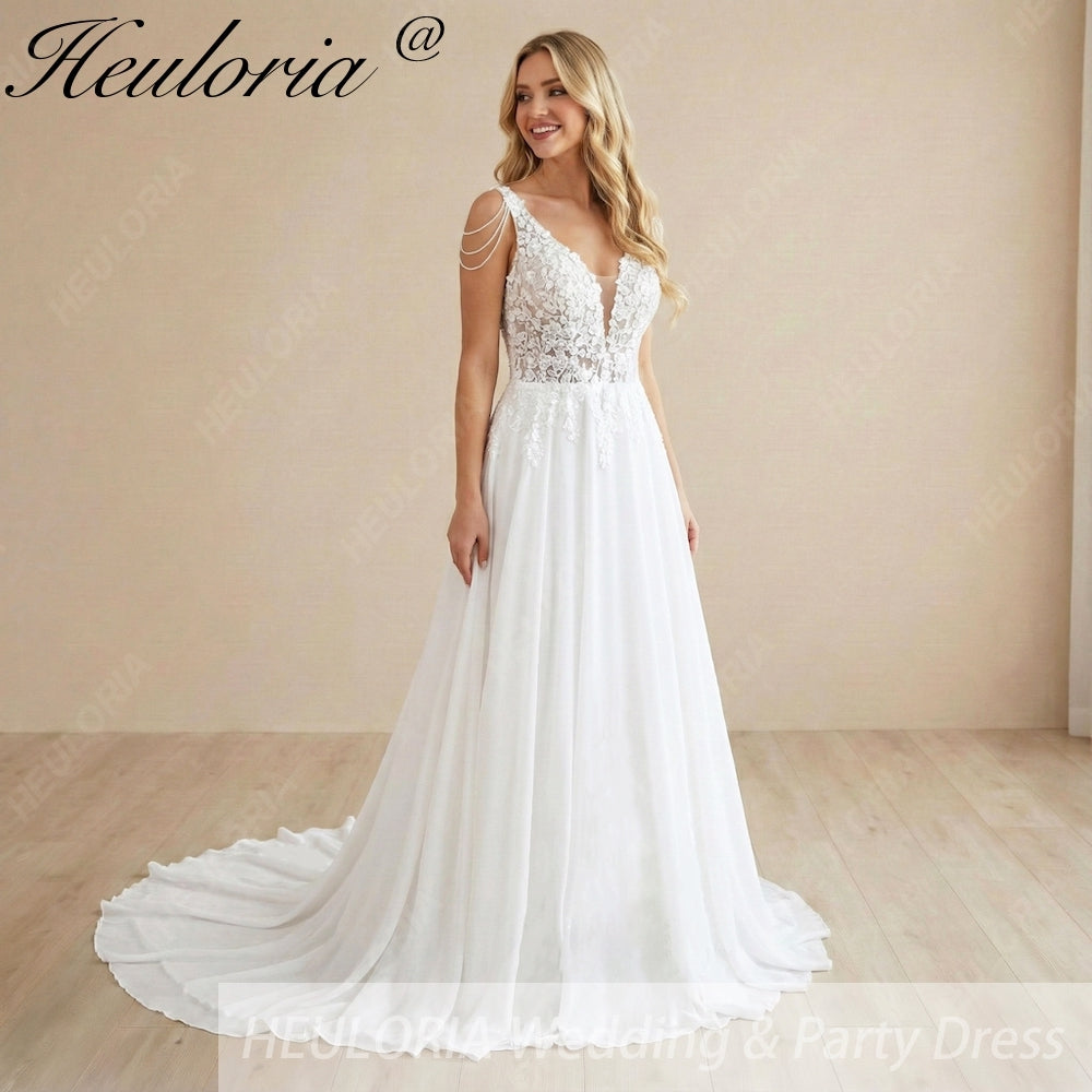 HEULORIA Romantic A-Line Lace Wedding Dress with Deep V-Neck and Crystal Beaded Shoulder Drapes AL-995