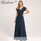 HEULORIA Long Bridemaid dress short sleeve V neck chiffon party dress formal dress ED-135