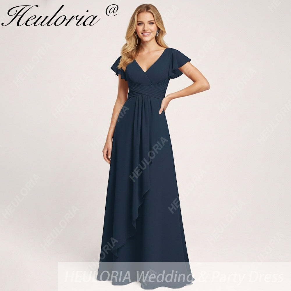 HEULORIA Long Bridemaid dress short sleeve V neck chiffon party dress formal dress ED-135
