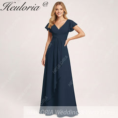 HEULORIA Long Bridemaid dress short sleeve V neck chiffon party dress formal dress ED-135