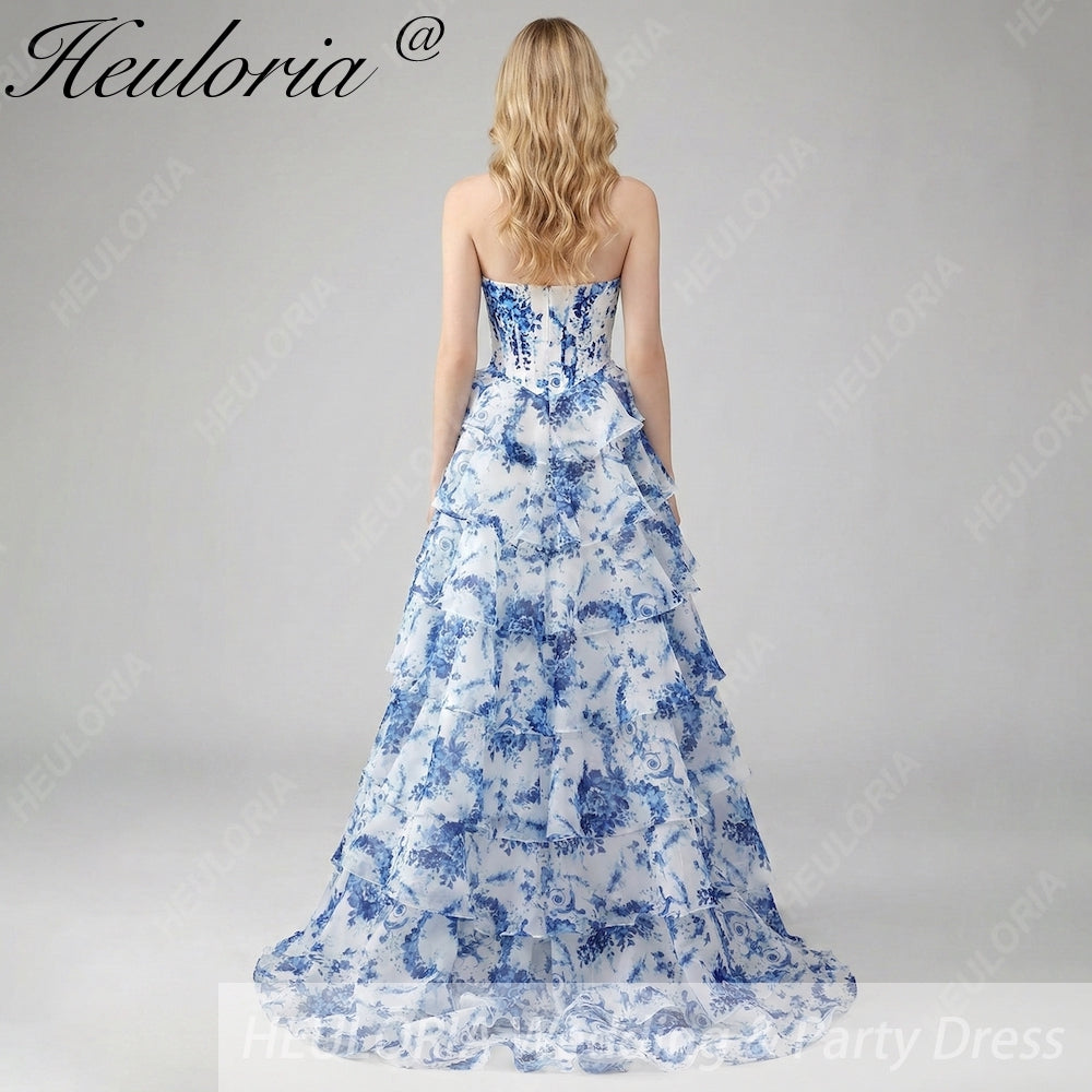 HEULORIA Vintage-Inspired Strapless Floral Gown: Sweetheart Corset Bodice Tiered Ruffle Evening Dress ED-233