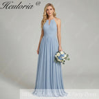 HEULORIA Dusty Blue Halter Keyhole Pleated Chiffon Bridesmaid Dress - Floor Length ED-246
