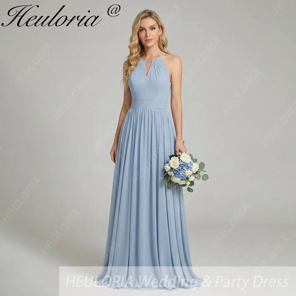 HEULORIA Dusty Blue Halter Keyhole Pleated Chiffon Bridesmaid Dress - Floor Length ED-246