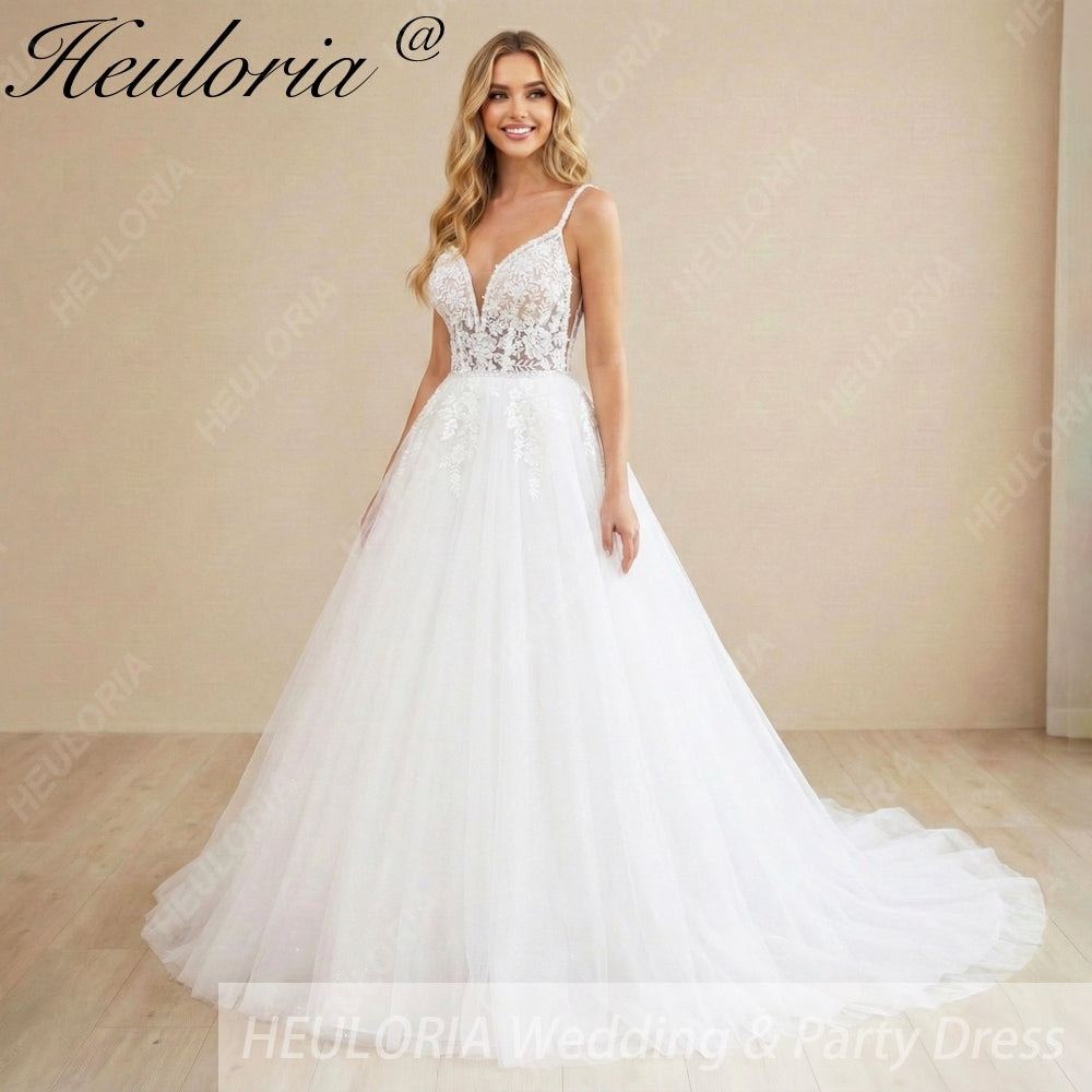 HEULORIA Ethereal Floral Lace A-Line Wedding Dress - Plunging V-Neck with Beaded Spaghetti Straps AL-1069