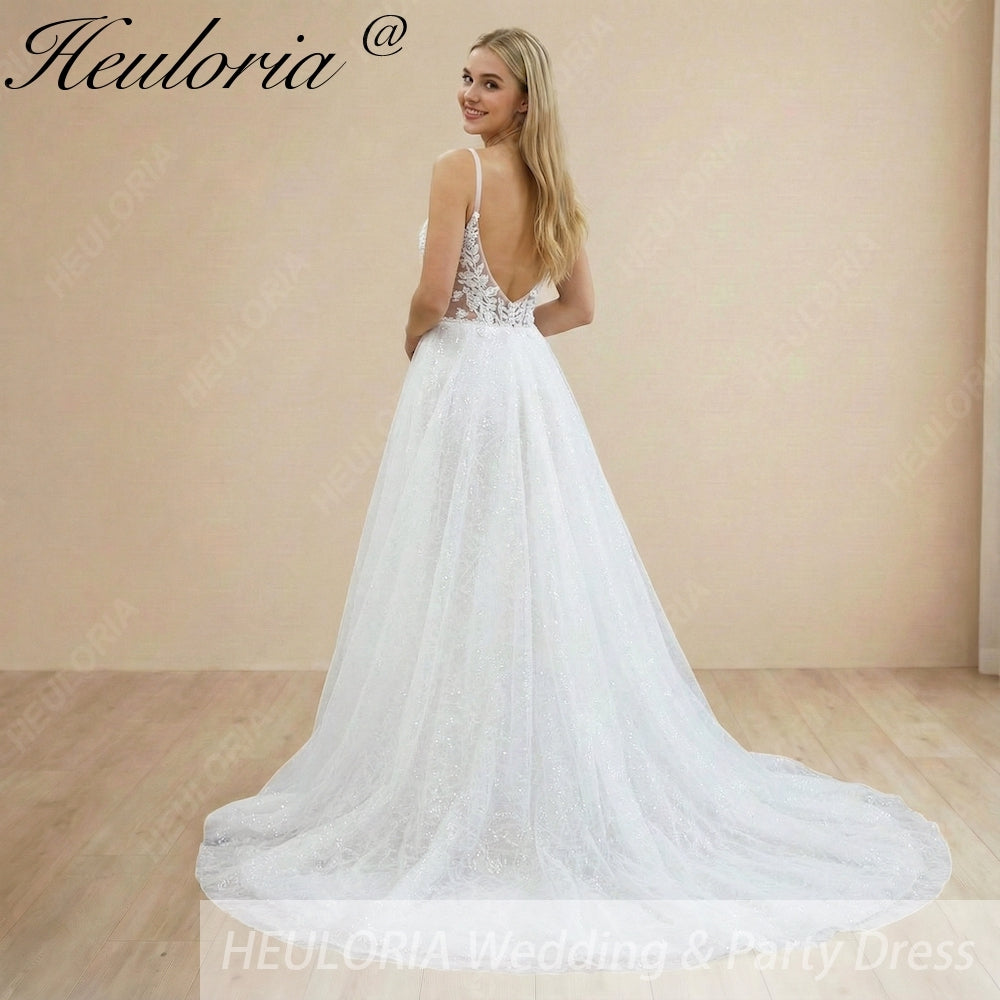 HEULORIA Shimmering Sequin Tulle A-Line Wedding Dress with Plunging V-Neck and Spaghetti Straps AL-1097