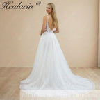 HEULORIA Shimmering Sequin Tulle A-Line Wedding Dress with Plunging V-Neck and Spaghetti Straps AL-1097