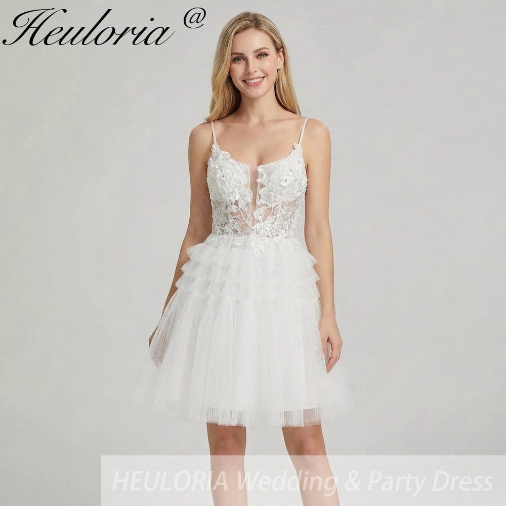 HEULORIA Enchanting Tiered Tulle Short evening Dress - Floral Lace Appliqué & Plunging V-Neck with Spaghetti Straps homecoming dress ED-290