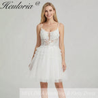 HEULORIA Enchanting Tiered Tulle Short evening Dress - Floral Lace Appliqué & Plunging V-Neck with Spaghetti Straps homecoming dress ED-290