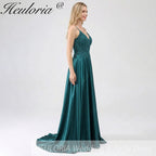 HEULORIA Peacock Green V-Neck Lace Applique Satin Prom Dress - Beaded Spaghetti Strap Lace-Up Evening Gown ED-345