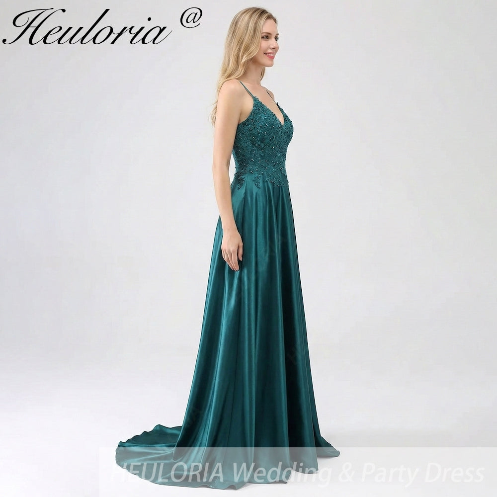 HEULORIA Peacock Green V-Neck Lace Applique Satin Prom Dress - Beaded Spaghetti Strap Lace-Up Evening Gown ED-345