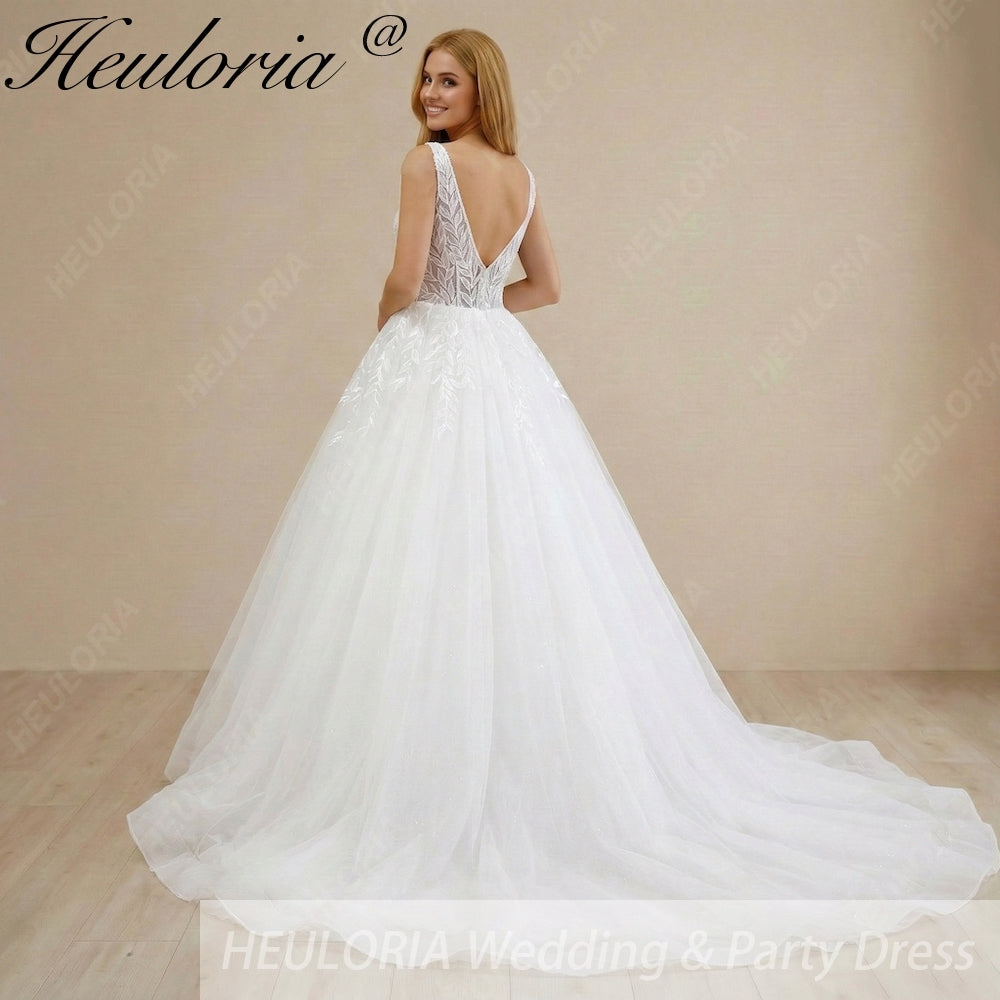 HEULORIA Sparkling Leaf Lace Ball Gown Wedding Dress with Plunging V-Neck and Beaded Fringe Sleeves AL-1025 Secondary image