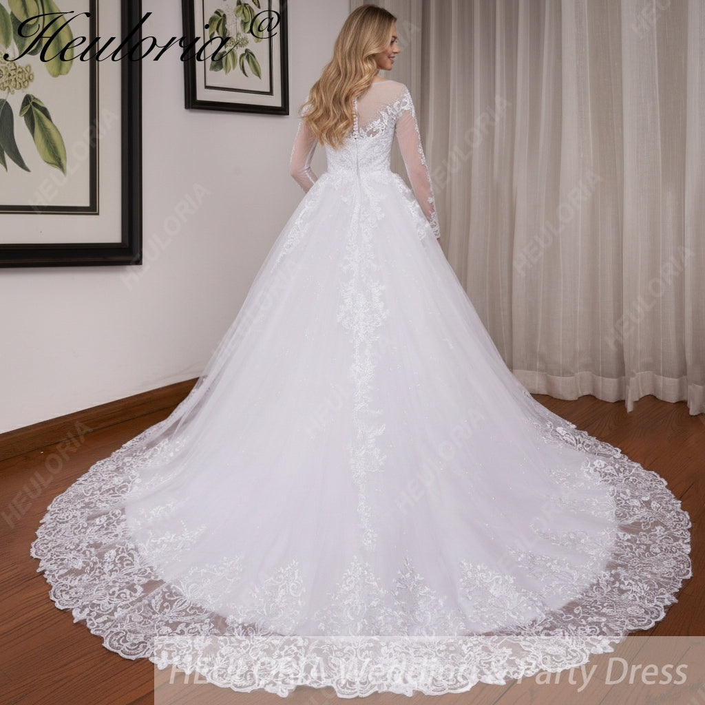 HEULORIA Princess Ball Gown Wedding Dress long sleeve bride dress O neck plus size robe de mariee Lace beading Bridal Gown BA-551
