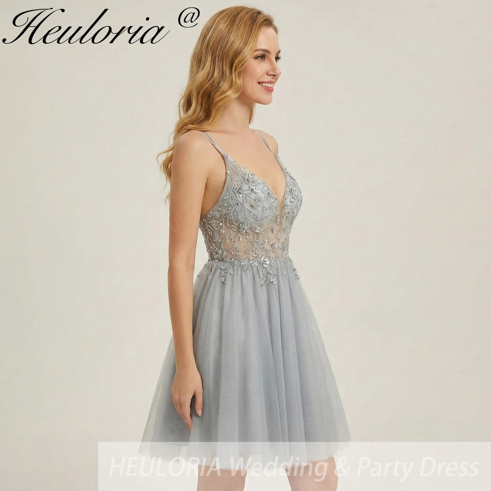 HEULORIA Sparkly Silver-Grey Beaded Tulle Short Prom Dress - Illusion Deep V-Neck & Double Spaghetti Straps ED-305