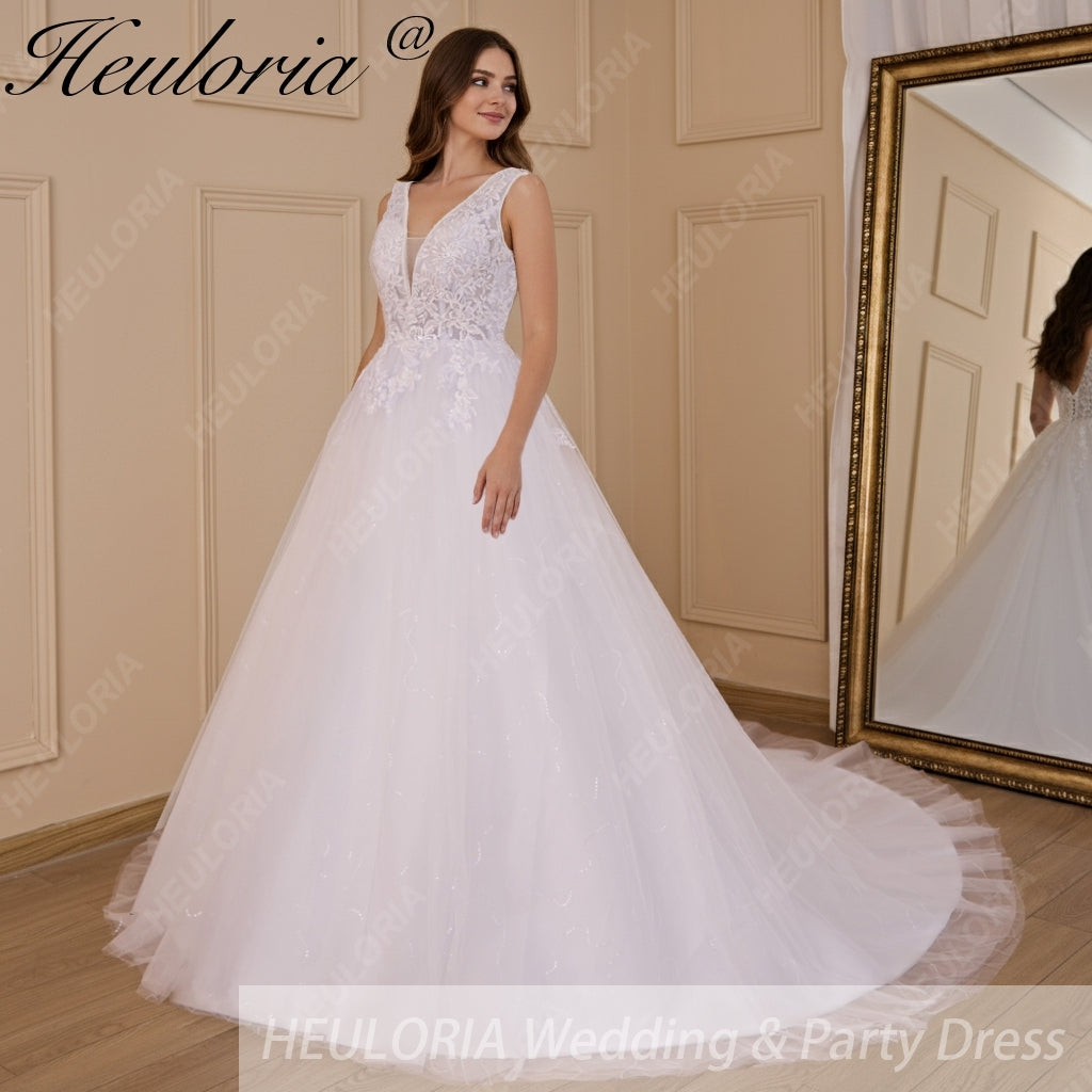 HEULORIA A-line V-Neck Sweep Train Lace Tulle Wedding Dress With Sequins Beading AL-719