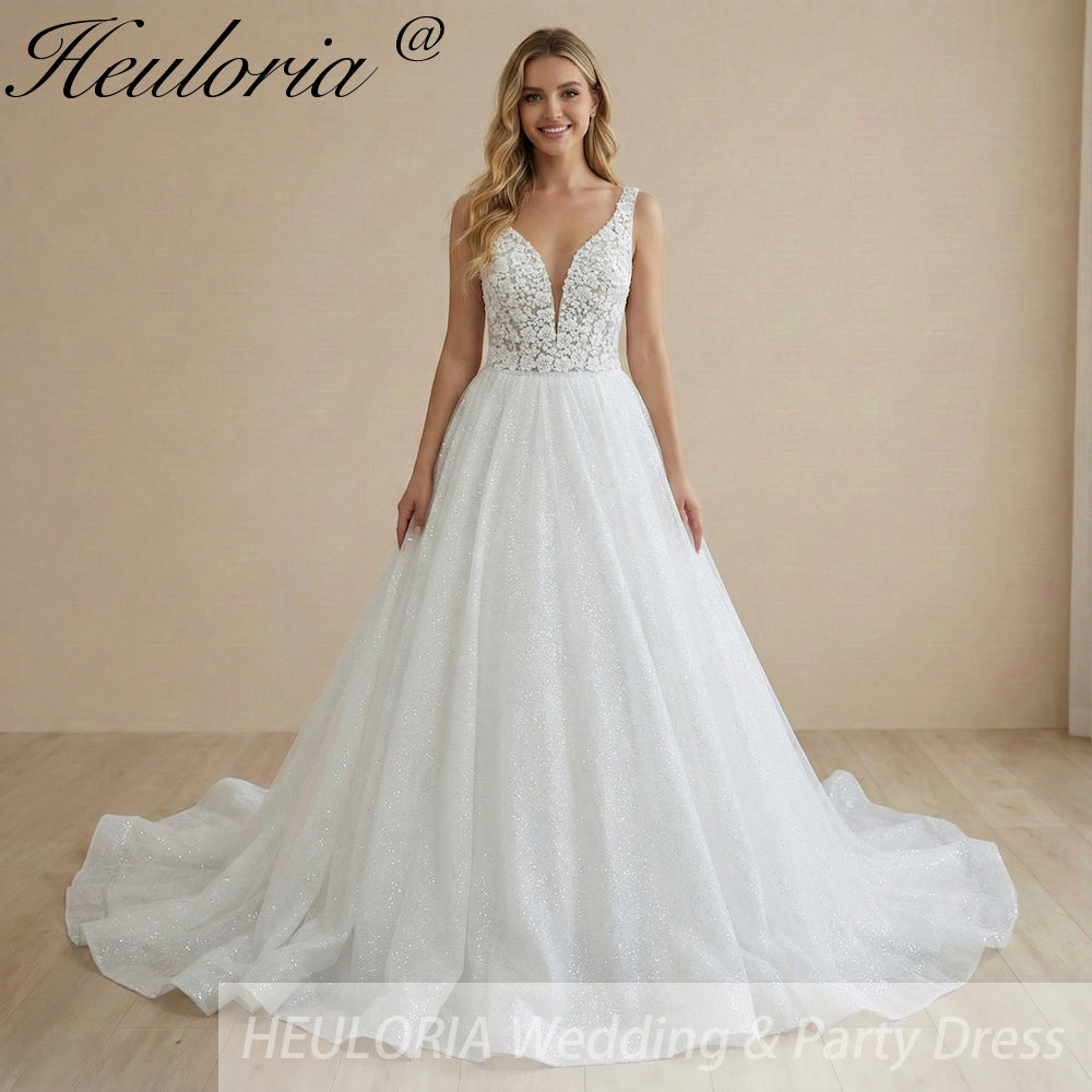 HEULORIA V Neck Sleeveless A line Wedding Dress sparky Boho Lace Appliques Tulle Long Bridal Gowns Backless Vestidos de Novia Customized AL-1091