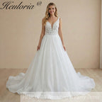 HEULORIA V Neck Sleeveless A line Wedding Dress sparky Boho Lace Appliques Tulle Long Bridal Gowns Backless Vestidos de Novia Customized AL-1091