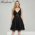 HEULORIA Sparkling V-Neck Sequined Lace Homecoming Dress - Sleeveless A-Line Short Party Gown ED-281