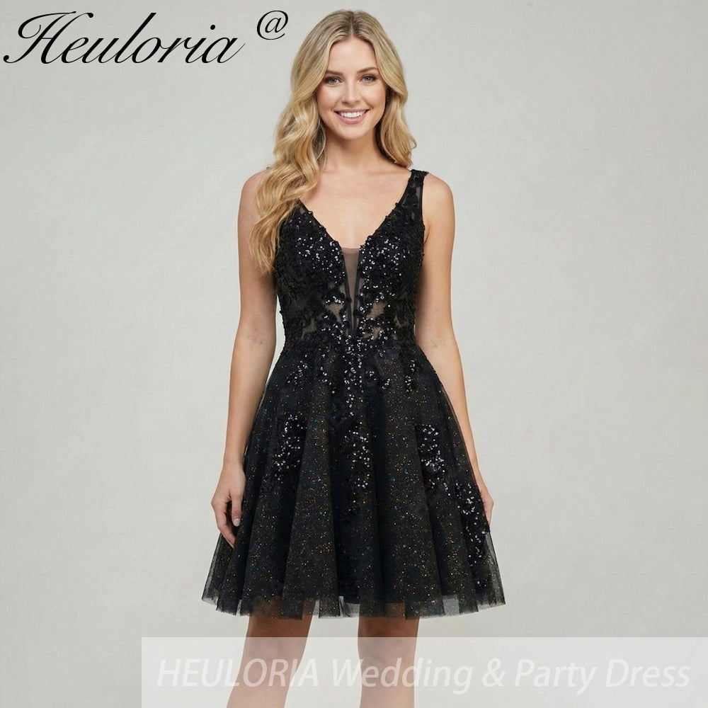 HEULORIA Sparkling V-Neck Sequined Lace Homecoming Dress - Sleeveless A-Line Short Party Gown ED-281