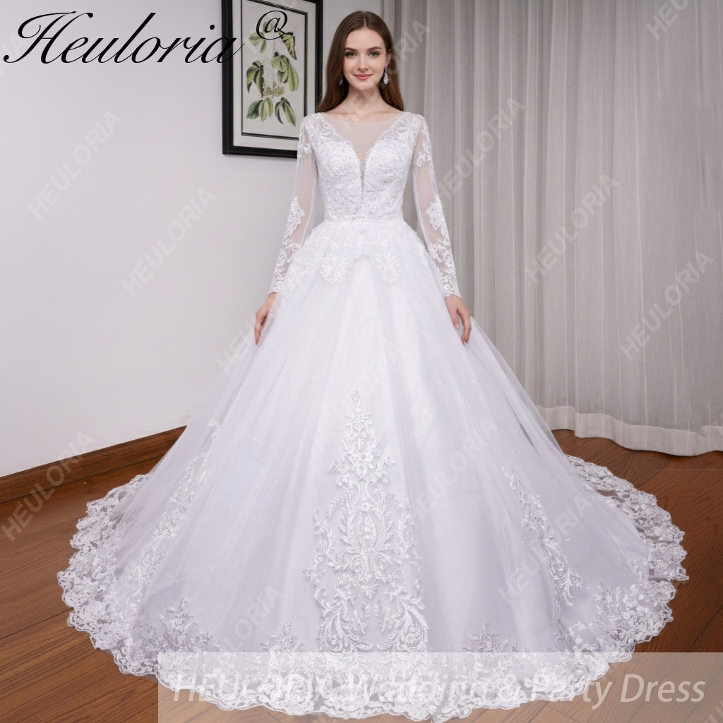 HEULORIA princess wedding dress long sleeve lace beading bride dress plus size robe de mariee Wedding gown BA-702