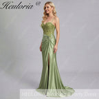 HEULORIA Sage Green Lace Applique Prom Dress: Spaghetti Straps Sweetheart Neckline with Side Slit ED-216