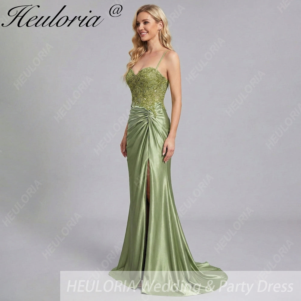 HEULORIA Sage Green Lace Applique Prom Dress: Spaghetti Straps Sweetheart Neckline with Side Slit ED-216