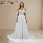 HEULORIA Romantic Off-the-Shoulder A-Line Wedding Dress with 3D Floral Lace & Chiffon Train AL-1053