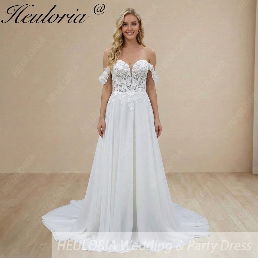 HEULORIA Romantic Off-the-Shoulder A-Line Wedding Dress with 3D Floral Lace & Chiffon Train AL-1053