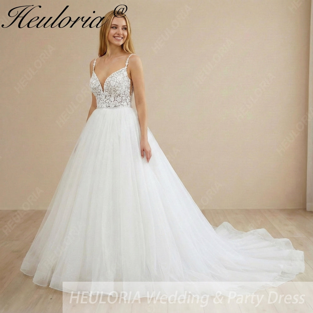 HEULORIA  elegant A line wedding dress Spaghetti Strap lace applique bridal dress Robe De Mariee Wedding Bride Dress AL-1098