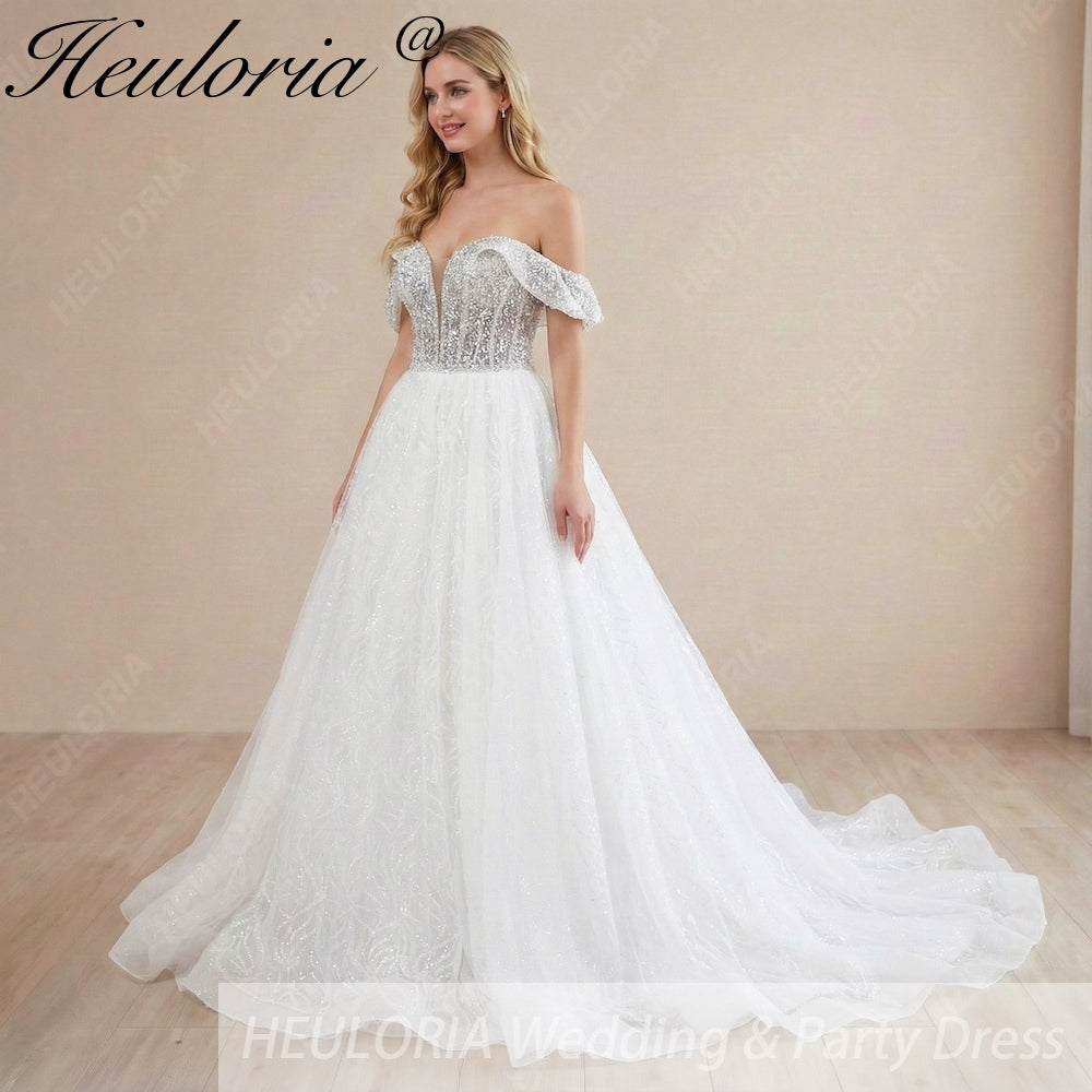 HEULORIA elegant A line wedding dress off shoulder Sparkly Glitter lace bridal dress long sleeve Robe De Mariee Wedding Bride Dress long train AL-1080