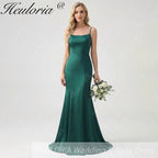 HEULORIA Elegant Satin Mermaid Evening Gown - Square Neck Spaghetti Strap with Oversized Bow & Cascading Ruffles ED-264