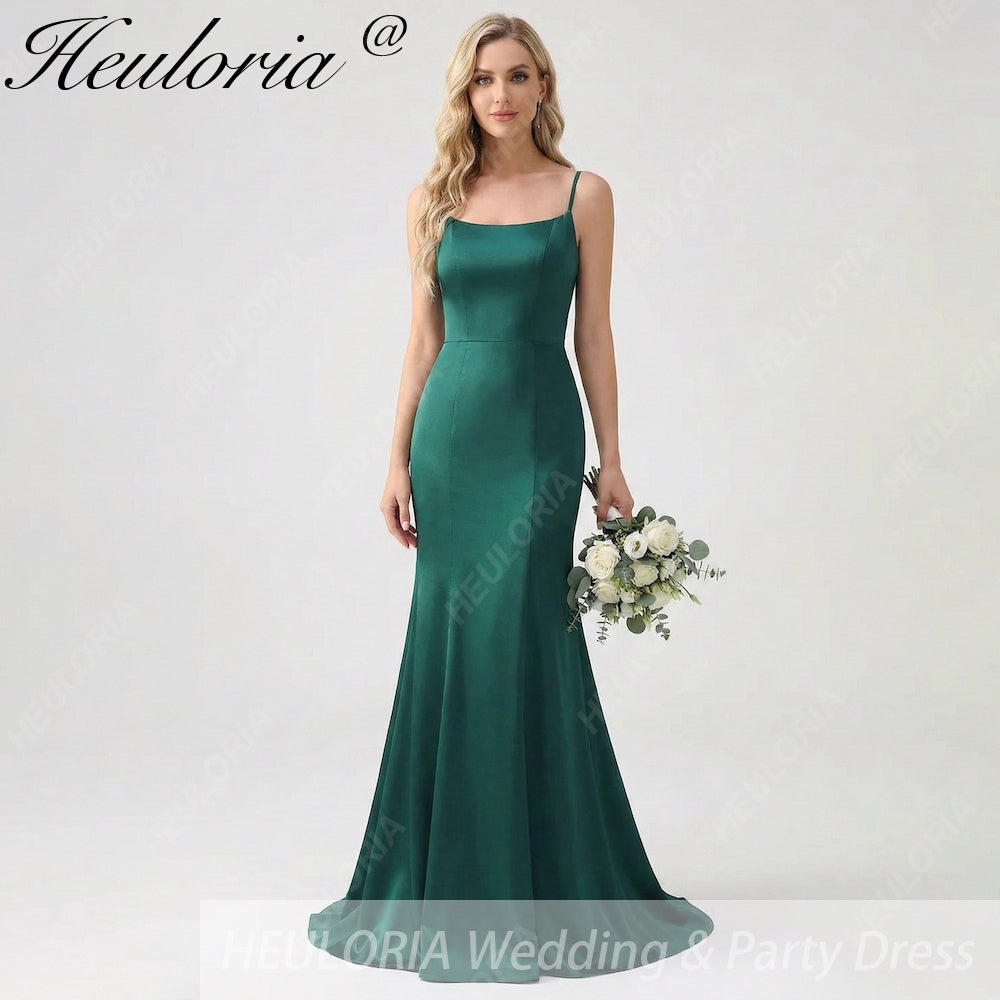 HEULORIA Elegant Satin Mermaid Evening Gown - Square Neck Spaghetti Strap with Oversized Bow & Cascading Ruffles ED-264