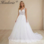 HEULORIA Ethereal Leaf Lace Plunging V-Neck A-Line Wedding Dress with Shimmer Tulle and Corset Back AL-1045