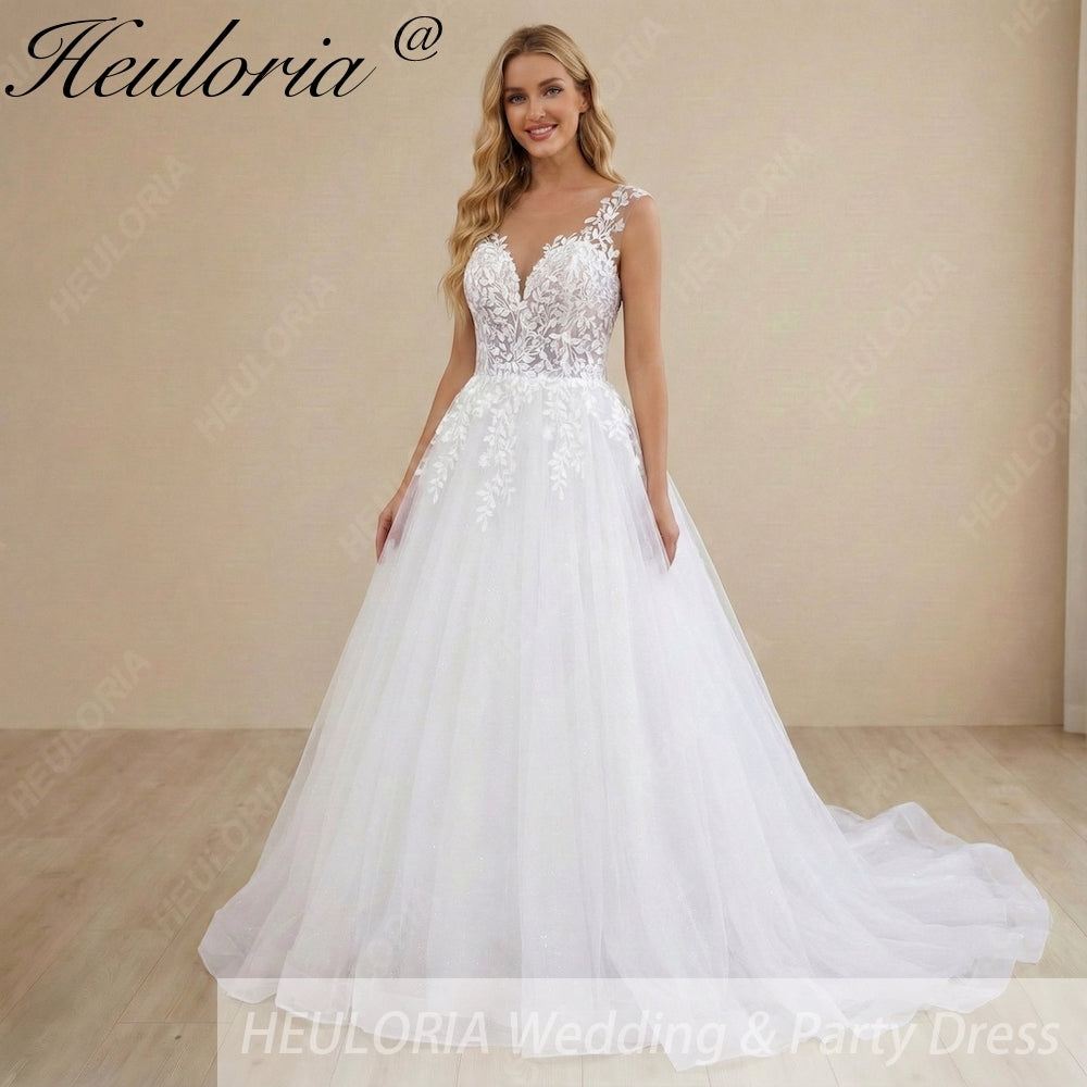 HEULORIA Ethereal Leaf Lace Plunging V-Neck A-Line Wedding Dress with Shimmer Tulle and Corset Back AL-1045