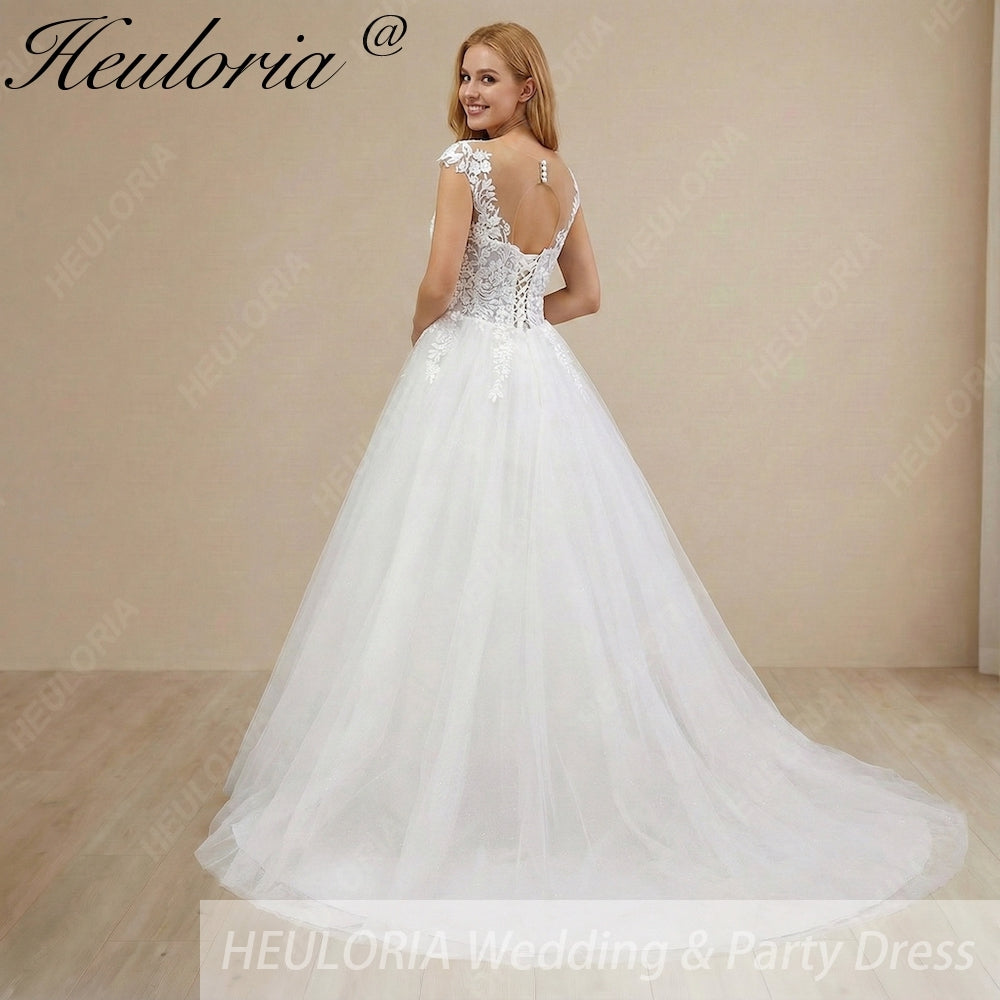 HEULORIA A line Wedding Dress V Neck Sleeveless Boho Lace Appliques Tulle Long Bridal Gowns  Customized AL-1000