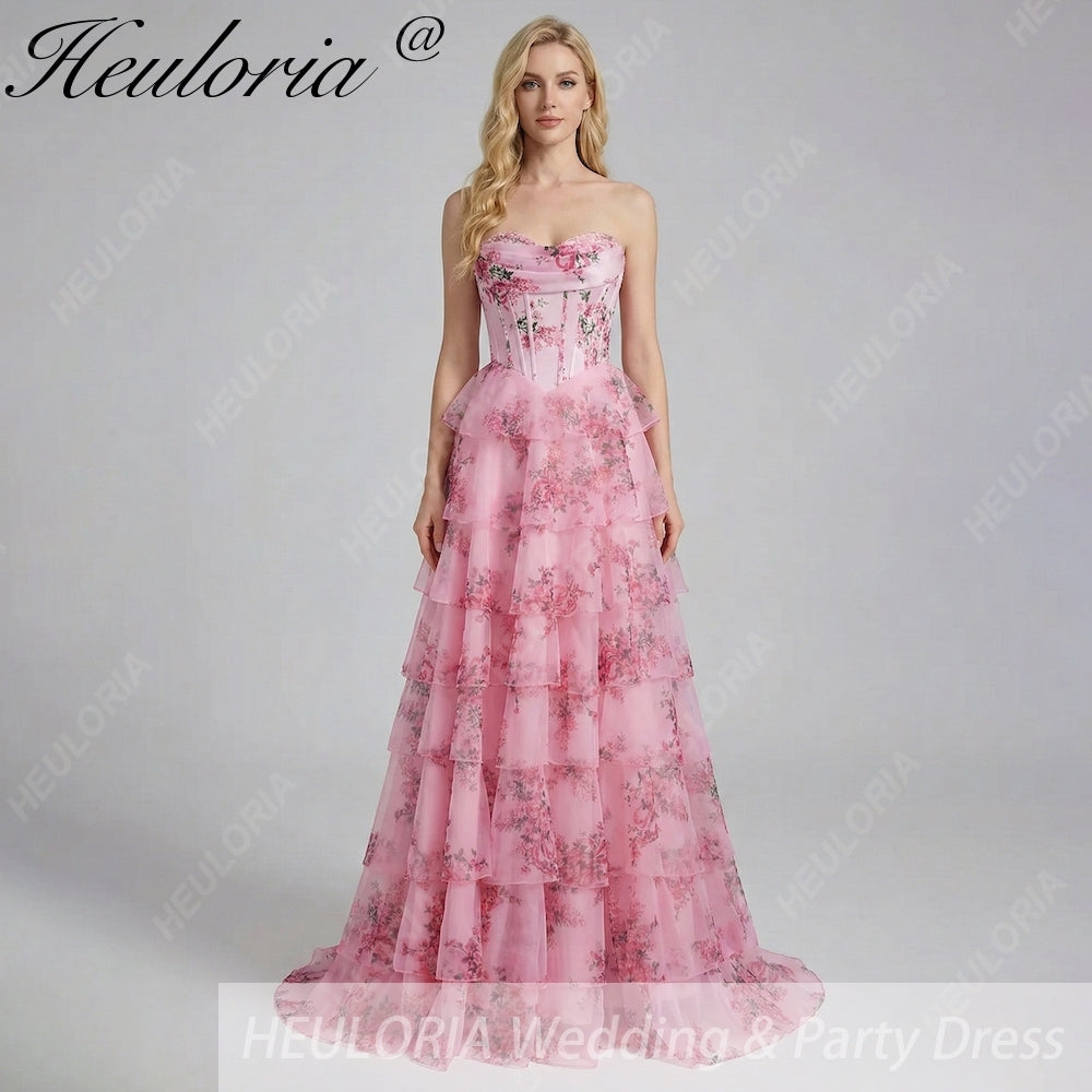HEULORIA Vintage-Inspired Strapless Floral Gown: Sweetheart Corset Bodice Tiered Ruffle Evening Dress ED-233