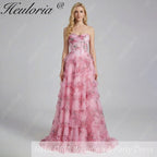HEULORIA Vintage-Inspired Strapless Floral Gown: Sweetheart Corset Bodice Tiered Ruffle Evening Dress ED-233