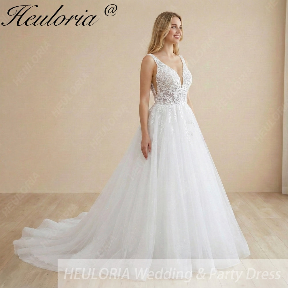 HEULORIA Romantic Floral Lace A-Line Wedding Dress - Deep V-Neck Shimmer Tulle Bridal Gown AL-1094
