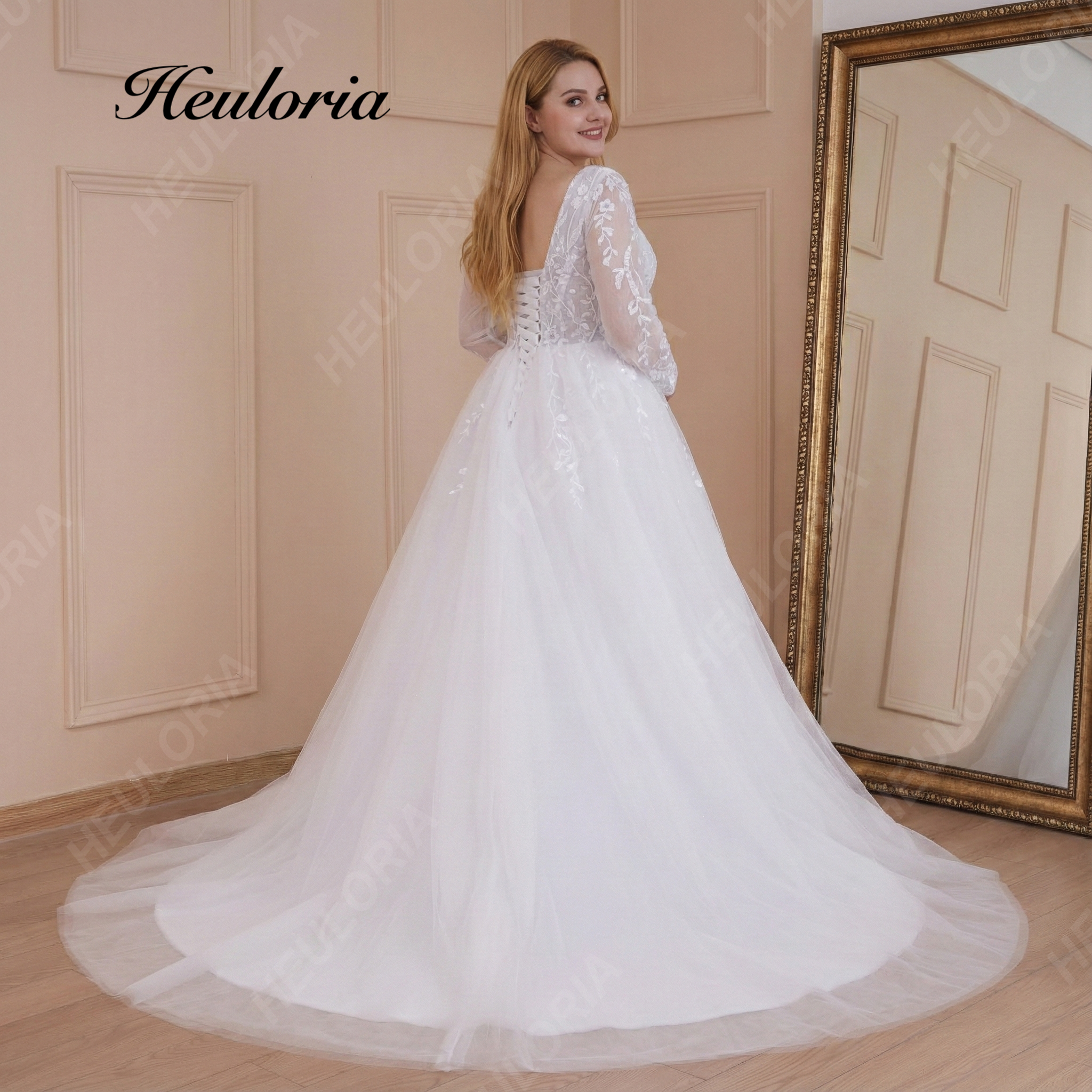 HEULORIA élégant une ligne Robe De mariée col en V à manches longues fendu dentelle perles Robe De mariée Robe De mariée Robe De mariée 