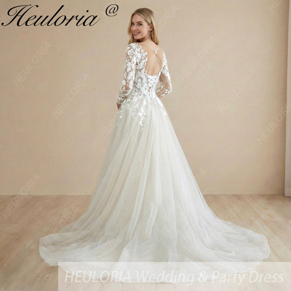 Heuloria Enchanting 3D Floral Lace A-Line Wedding Dress with Illusion Long Sleeves and Glitter Tulle AL-1093 Image secondaire du produit